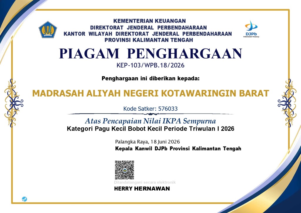 MAN Kobar Piagam Penghargaan Pengelolaan Anggaran